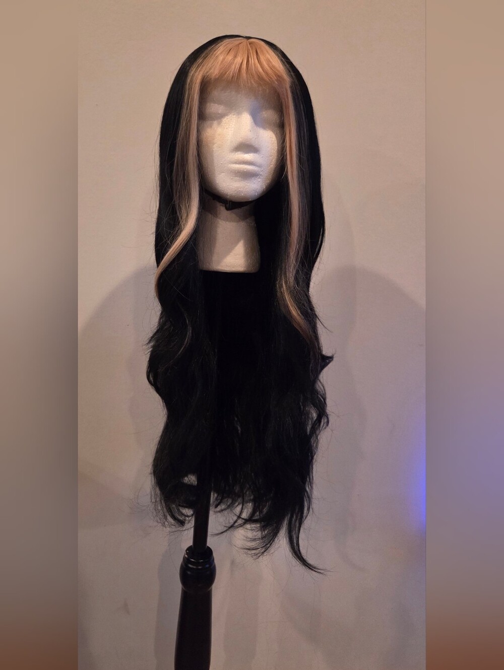 Black Long Wavy Wig with Blonde Face-Framing Highlights - Women Hair
